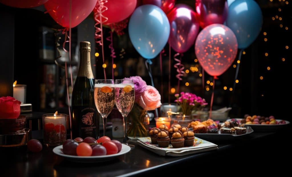 Elegant celebration scene - dark ambient lighting and exquisite decorations creating a luxurious party atmosphere